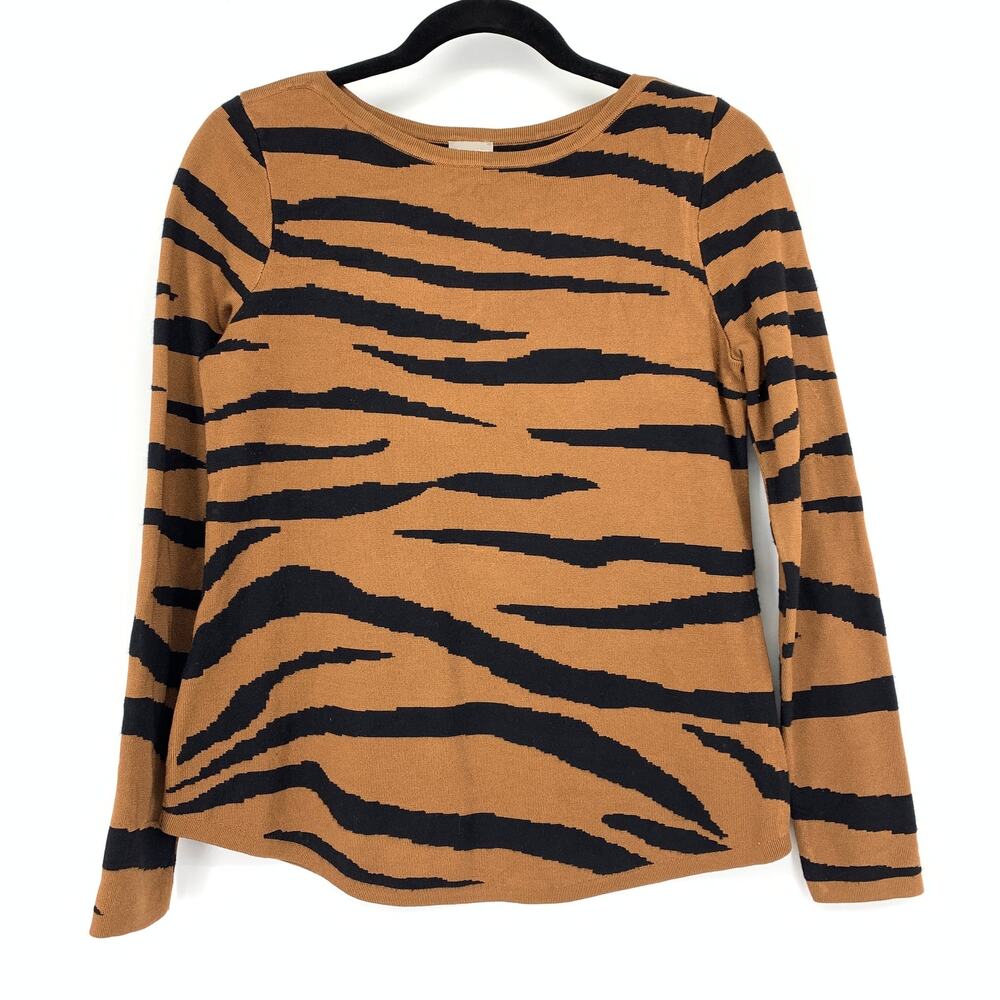 Chicos Tiger Stripe Sweater Womens Sz 0 US Small Brown Black Long Sleeve